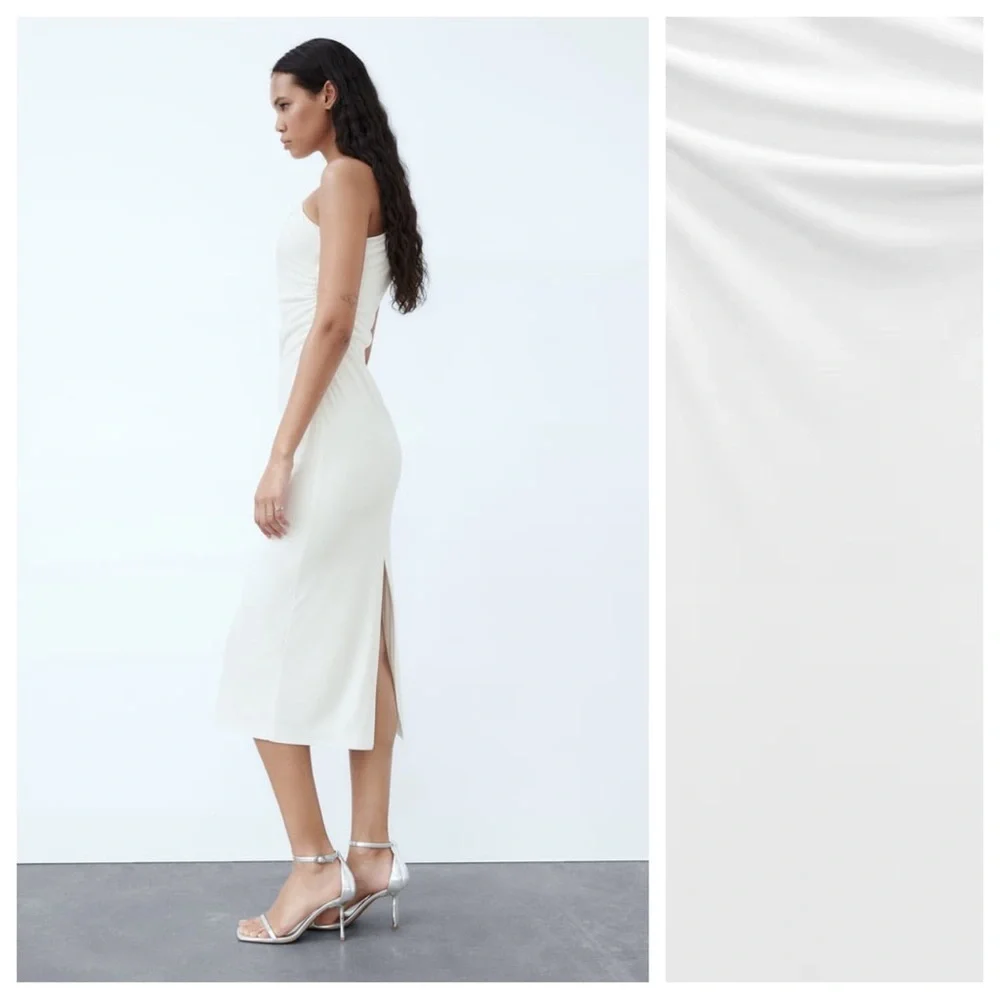 NWT. Zara White Knit Fabric Midi Dress with Asymmetric Neckline. Size XL - Picture 3 of 10